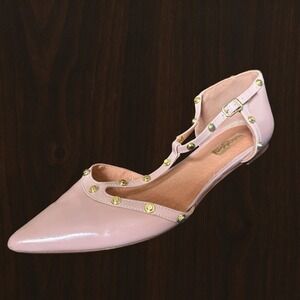 Halogen Olson 9M Pointy Toe Nude Beige Flat Patent Leather Studded T-Strap Shoes